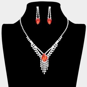 Red Silver Droplet Fringe Rhinestone Crystal Necklace Jewelry Formal Black Tie